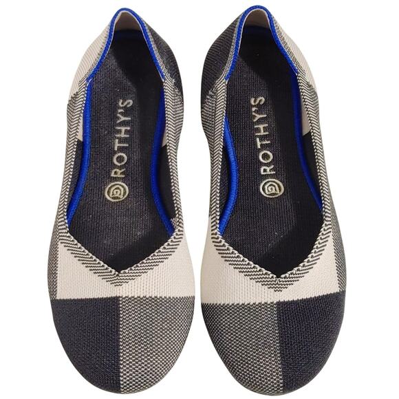 Rothy's The Flat Cap Toe Plaid Slip On Shoes Cream Gray Plaid Womens US 10 - Picture 1 of 7